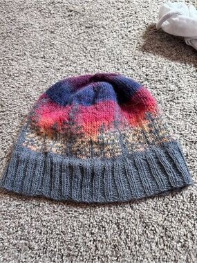 Handmade Winter Scene Knit Beanie in Gray with Pink, Purple & Orange Accents